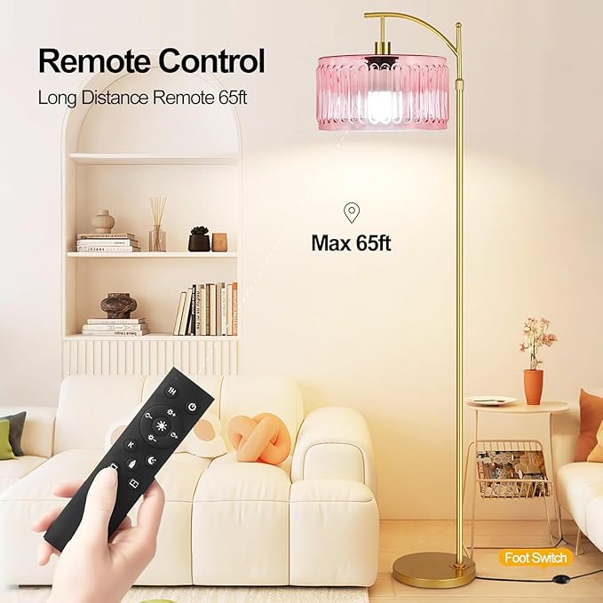 Pink Floor Lamp for Living Room,Bedroom,Gold Dimmable Standing Lamp with Remote,Mid Century Modern Brass Tall Lamp Boho Floor Lamps Arc Stained Glass Flower Floor Light Lamp Girls kids Bohemian