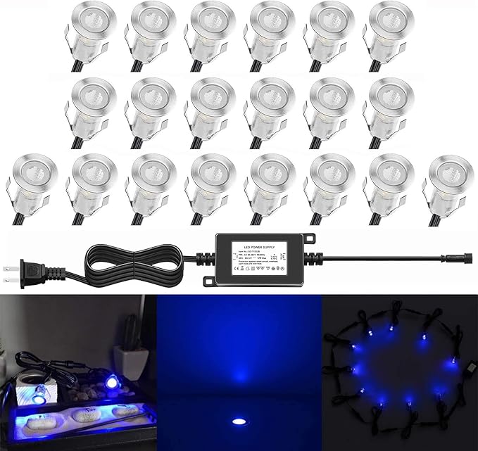 0.7" Tiny Recessed LED Deck Lighting Kits 12V Blue Waterproof IP67,Led In Ground Lights for Steps,Stair,Patio,Floor,Pool Deck,Kitchen,Outdoor Low Voltage LED Landscape Lighting(20Pcs)