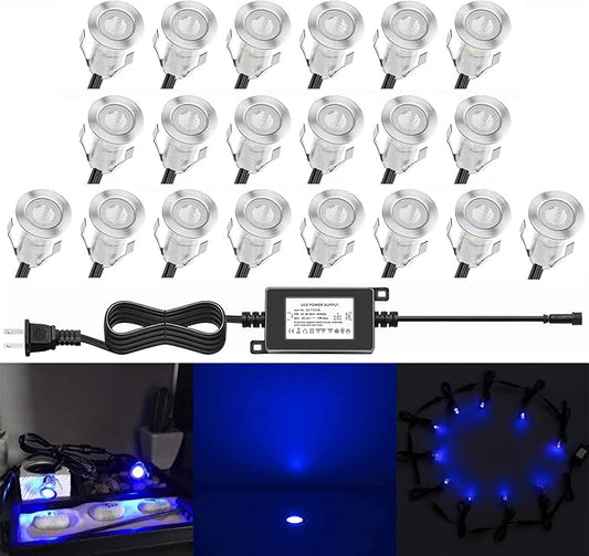 0.7" Tiny Recessed LED Deck Lighting Kits 12V Blue Waterproof IP67,Led In Ground Lights for Steps,Stair,Patio,Floor,Pool Deck,Kitchen,Outdoor Low Voltage LED Landscape Lighting(20Pcs)