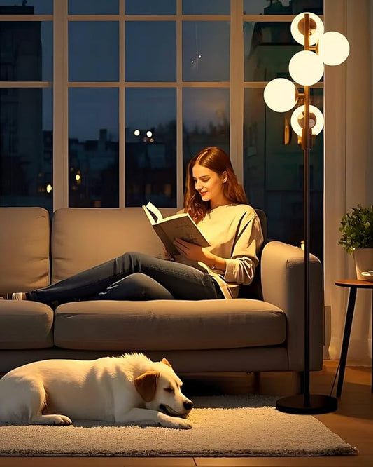 Lightdot 5-Globe Dimmable Globe Floor Lamp Black Standing Lamps with 5Pcs 3000K Bulbs Included Brightness Adjustable Retro Mid Century Modern Floor Lamp for Living Room/Sofa Beside/Corner Decor