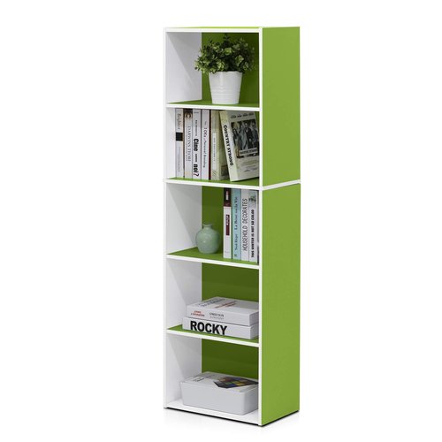 Furinno LUDER Book Shelf, 5-Tier Bookshelf, Bookcase with Open Shelves, 9.4 x 15.8 x 52, Easy Assembly, for Living Room, Bedroom, Home Office, White/Green