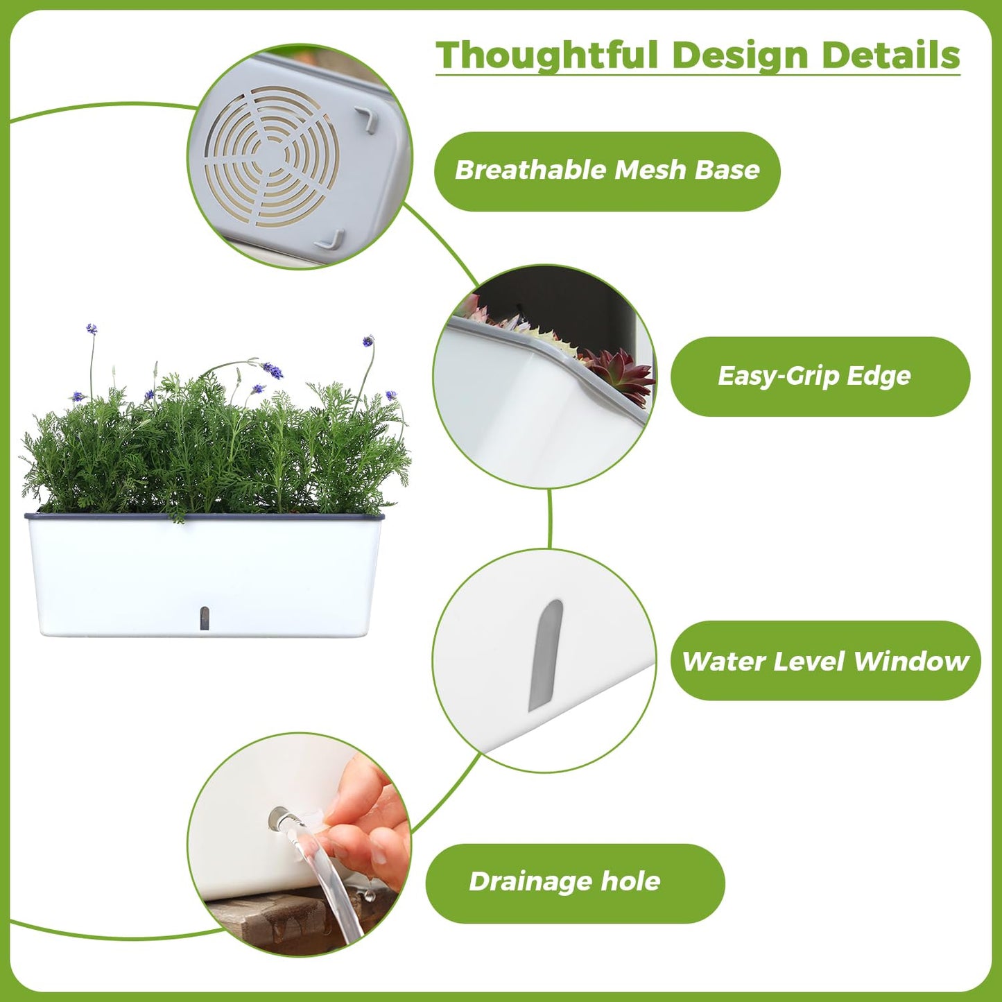 4 Pack Rectangular Planter 17 x 4.5 in Self Watering Planter Window Sill Planters Indoor Rectangle Planter Self Watering Pots Plastic Plant pots with Drainage Holes White Flower Pot Indoor