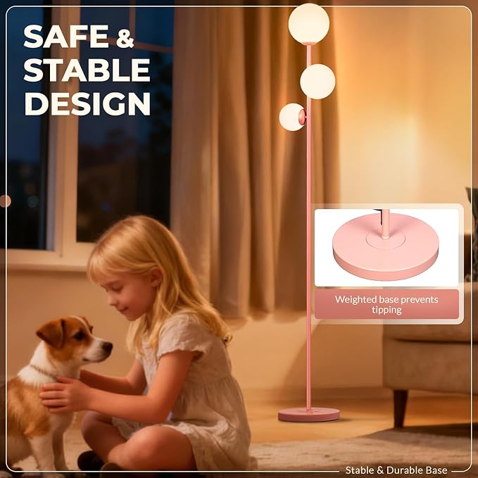 Soilsiu 3 Globe Floor Lamp - Mid Century Modern Standing Light with 3 Color Temperatures, LED Bulbs, Frosted Glass Shades for Living Room (Pink)