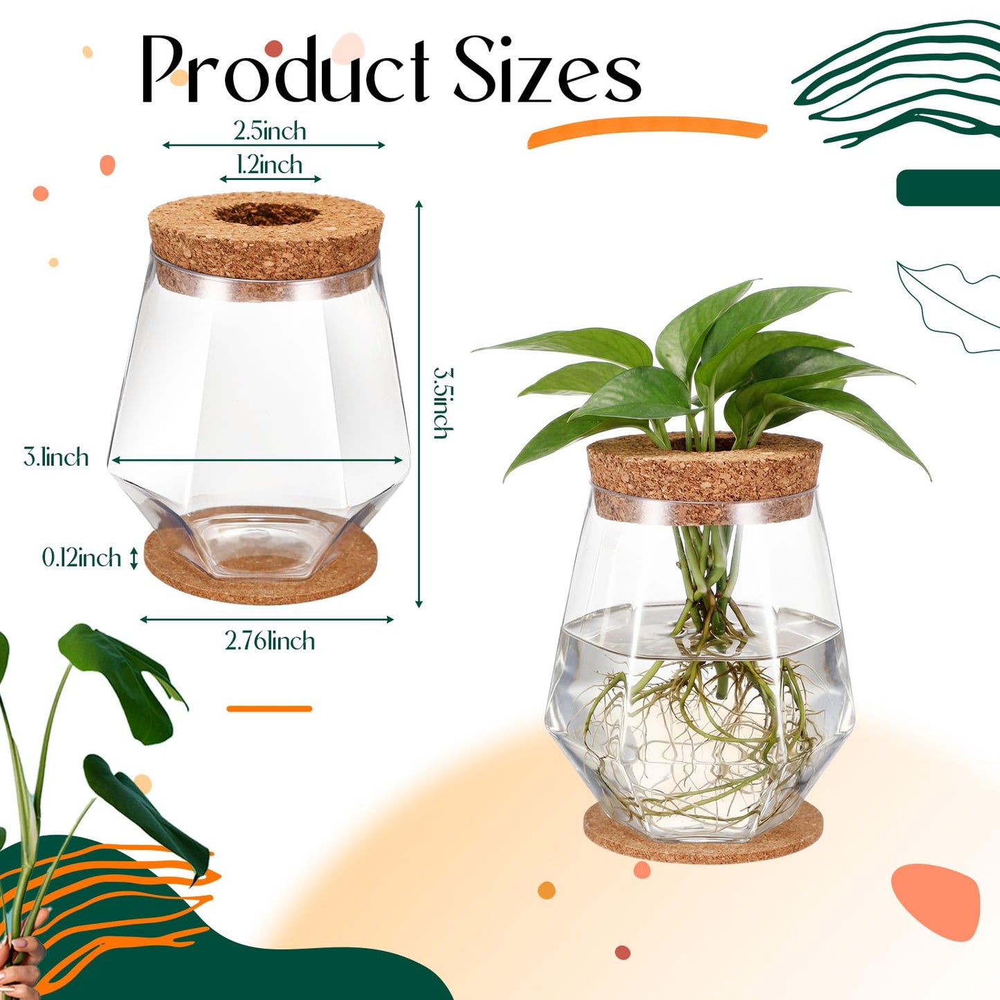 Baderke 24 Packs Plastic Desktop Plant Terrariums Propagation Planter Tabletop Planting Vase with Lid and Cork Plant Coasters for Growing Hydroponic Home Office Table Decoration (Diamond Style)