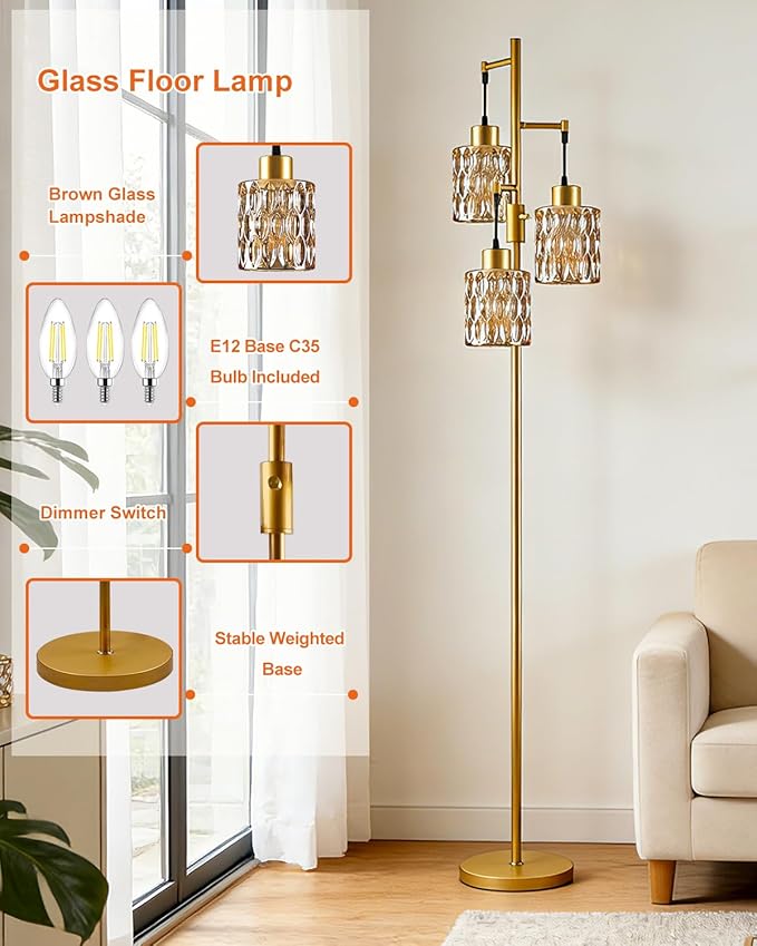 Lightdot 67" 3-Light Glass Floor Lamps for Living Room, Dimmable Floor Lamp with Brown Glass Shade& E12 Bulbs Included, Mid Century Standing Tall Lamp for Bedroom/Sofa Beside/Corner Decor-Gold