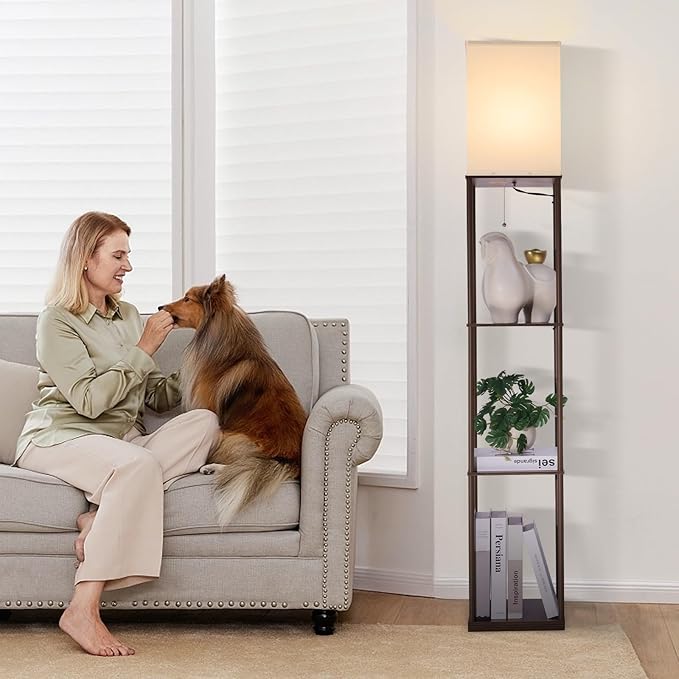 Floor Lamp with Shelves, Modern Square Standing Lamp with 3 Color Temperature Bulb, Corner Display Bookshelf Lamp for Living Room, Bedroom and Office (Brown-9)