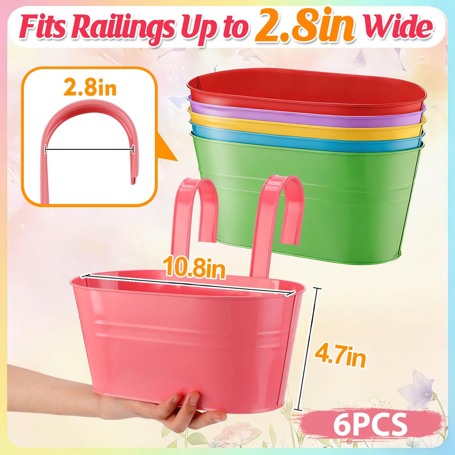 MADHOLLY Railing Planter with Drainage Holes - 6Pcs Sturdy Bucket Pots for Railing Fence, Countryside Style Metal Flower Pots for Herbs Balcony Garden Yard Decor, Colorful