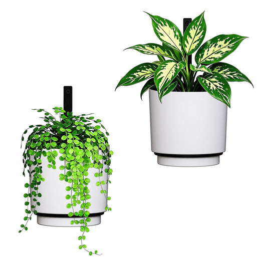 2 Pcs Wall Mounted Hanging Planter Vase for Indoor Outdoor Plants,Modern Metal Wall and Ceiling Hanging Flower Pot with Removable Flower Pot,Minimalist Decor for Herbs Succulents Flowers,6.7Inch,White