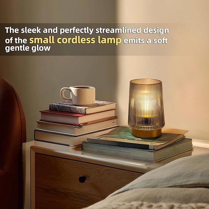 MJ Battery Operated Lamp with Timer Cordless Lamp with Timer Cozy Besides LED Light Battery Powered Small Glass Lamps for Home Decor Decorative Accent Lamps for Living Room/Entryway/Dorm (Grey)