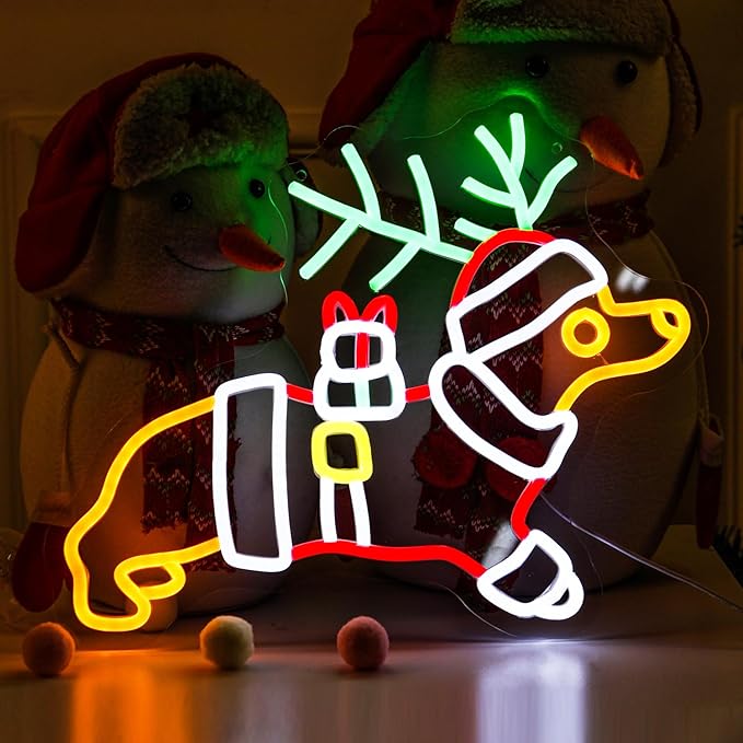 Christmas Dachshund Neon Sign Santa Hat LED Xmas Gift for Children Kids Pet Lovers Deer Antlers LED Lamp for Bedroom Home Shop The Holiday Animal Lights