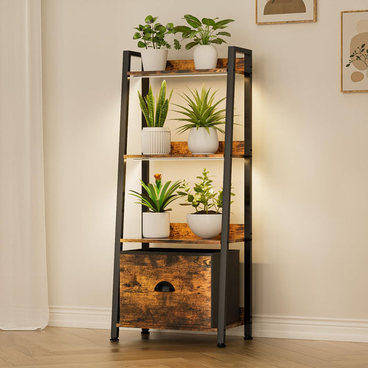 Plant Stand Indoor with Grow Lights, 4 Tiered Indoor Plant Shelf with Drawer, 48" Tall Corner Plant Stands for Indoor Plants, Metal Flower Display Shelves, Sturdy Ladder Plant Rack for Home, Patio