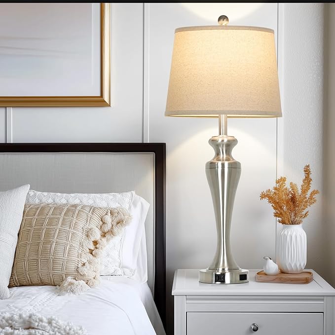 30 Inch Single Silver Table Lamp, 3-Way Dimmable Touch Bedroom Lamp with USB A+C Ports and AC Outlet, Modern Metal Brushed Nickel Living Room Lamp, Bedside Lamp for Nightstand Guest Room End Table