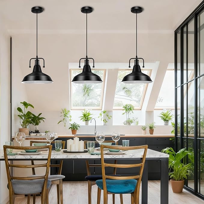 2PCS Farmhouse Pendant Light for Kitchen Island, Black Pendant Lights Fixtures with Metal Shade, Industrial Barn Hanging Lights for Hallway, Kitchen, Sink, Dining Room, Living Room（Bulb not Included）