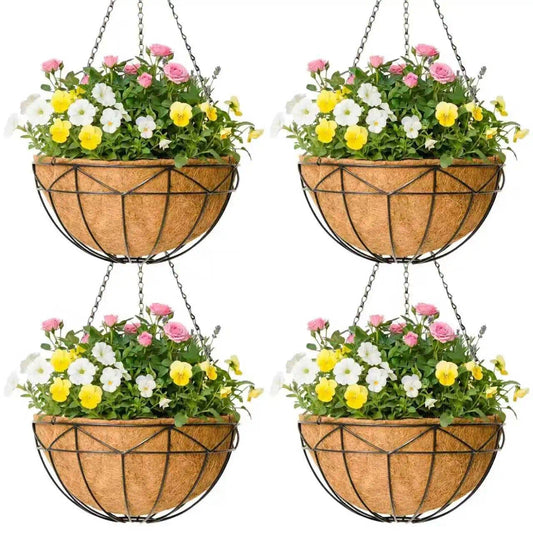 ZVOWOS 4 Pack 14 Inch Black Metal Hanging Planter Baskets with Coco Coir Liner Sturdy Hanging Flower Basket for Outdoor Indoor Garden Porch Patio Balcony Decor (Geometric)
