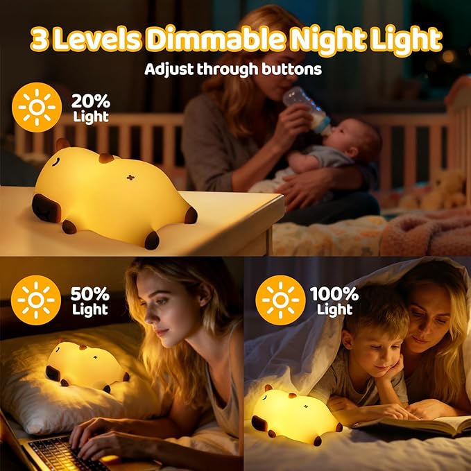 Mewaii Snoring Sound Capybara Night Light for Kids -Silicone Breathing Capybara Gifts Lamp with 3-Level Dimming, Cute Light Rechargeable Cuddly Bedtime Companion for Nursery, Baby Toys& Room Decor