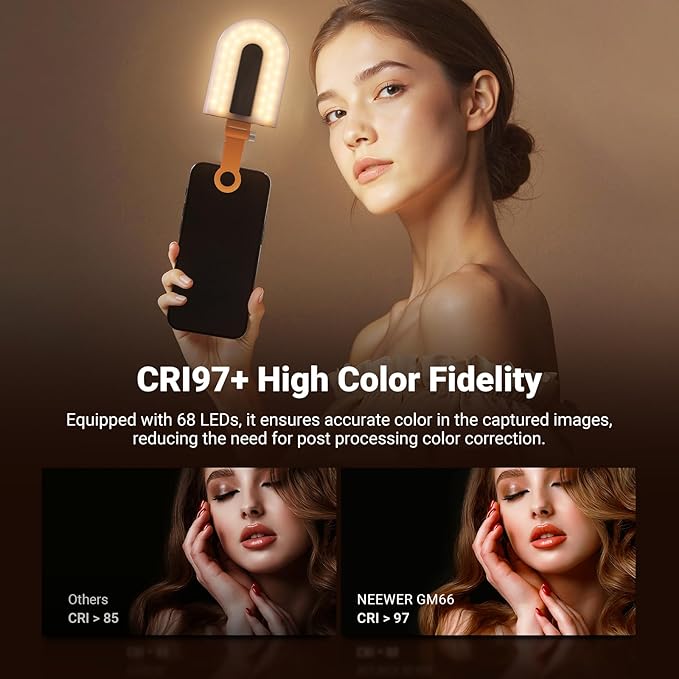 NEEWER GM66 Clip on Selfie Light for Phone, 68 LEDs, Bi Color Lighting Compatible with iPhone with CRI97+, 2000mAh for TikTok Vlog Recording Streaming Laptop Computer Webcam Video Conference Makeup