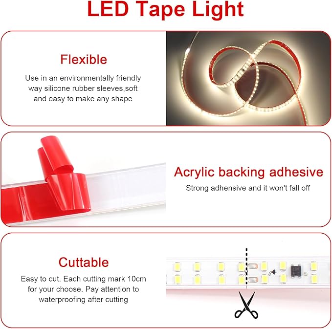 AC 120V Under Cabinet Strip Lighting Plug in 16.4ft Waterproof LED Strip Lights 110V 240LEDs/m 3000K Warm White LED Lights with Adhesive SMD 2835 for Mirror Kitchen Cabinet Living Room Decor
