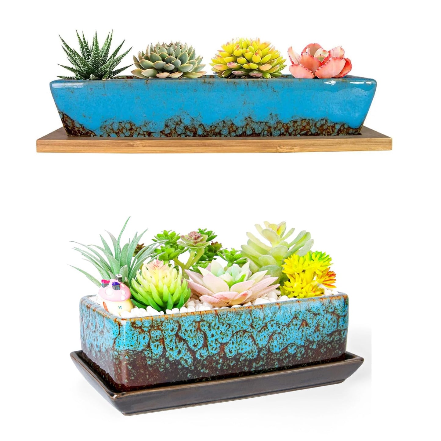 ARTKETTY Succulent Pots - Long Rectangle Succulent Planters with Drainage Tray, Window Sill Planter, Ceramic Pots for Indoor Cactus Plants Shallow Bonsai Window Box for Home Garden Decor