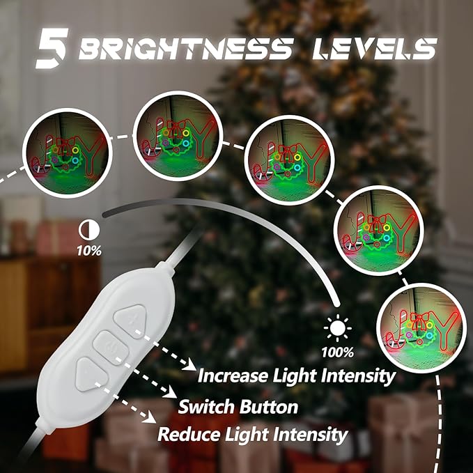 Christmas Neon Sign Christmas Joy Neon Light Signs Wreath Light Sign for Wall Decor Dimmable USB Powered LED xmas Candy Light Up Sign for Bedroom Living Room Holiday Parties Festival Bar Shop