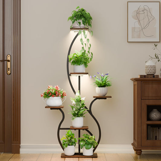 Plant Stand Indoor with Grow Light: 55" Tall Corner Shelf for Multiple Plants, Lighted Plant Stands for Indoor Growing, 6 Tiered S-Shaped Flower Display Stand for Living Room, Patio, Balcony (Black)