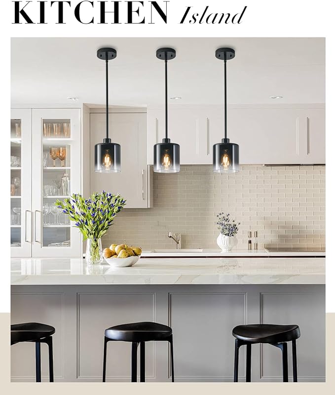 3-Pack Black Pendant Light Fixtures, Modern Pendant Lights for Kitchen Island with Adjustable Rods, Industrial Glass Pendant Lights for Dining Table Hallway Bedroom Living Room