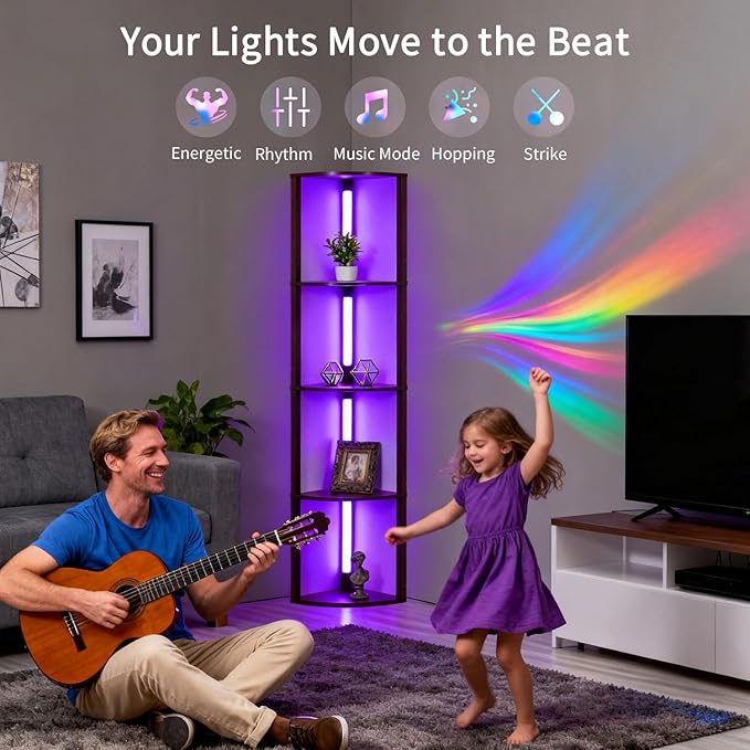 RGBCW Floor Lamp with Shelves, Smart Modern Floor Lamp with Music Sync, LED Color Changing Corner Display Shelf Lamp, Tall Lamps for Living Room and Bedroom, Bookshelf Lamp, Brown