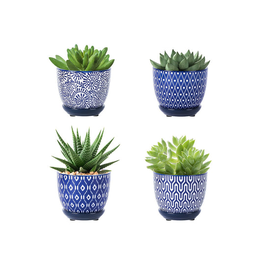 Selamica Ceramic Succulent Pots with Drainage Holes, Small Flower Pots 3.5 Inch Plant Pots for Indoor Plants with Saucers, Cactus Succulent, Home Decor, Set of 4, Vintage Blue
