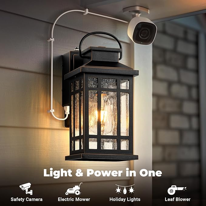 2-Pack Outdoor Wall Light with GFCI Outlet, Black Exterior Lighting Fixtures with Gold Trim, Dusk to Dawn Outdoor Lights for House Garage Coach, Outside Light with Outlet, Aluminum, Hardwired