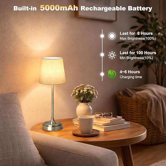 Cordless Table Lamp Rechargeable,5000mAh Battery Operated Desk Lamp,3 Colors & 7 RGB Stepless Dimmable,Touch Ambient Light for Bedside,Bedroom,Dining Room,Living Room,Bronze,FlaxenShade