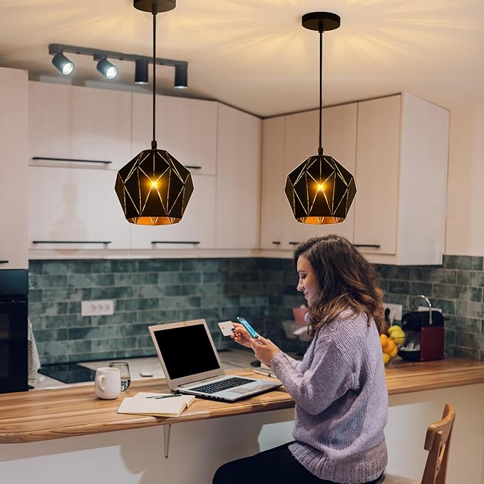 Riakrum Kitchen Island Pendant Lights Set of 2, Adjustable Height, Industrial Vintage Pendant Ceiling Light Fixtures Retro Farmhouse Hanging Lamp for Kitchen Island Hallway Dining Room