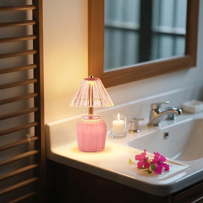 Small Battery Operated Lamp with Timer, Tiny Cordless Glass Table Lamp for Home Decor, Kitchen, Bathroom, Birthday Gift for Women, Cream Pink