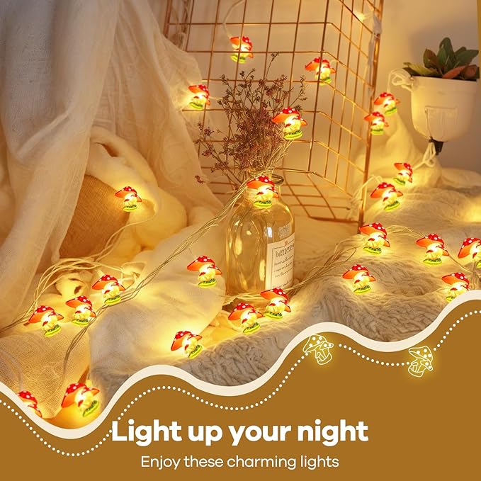 Mushroom Decor Cottage Core Decor 10FT 30LEDs Mushroom String Lights Battery Operated for Kids Gifts Bedroom Dorm Party Wedding Outdoor Patio Whimsical Decoration