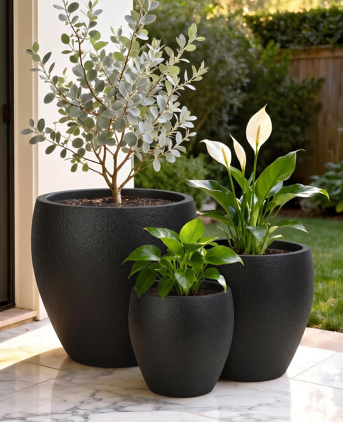 homenote Flower Pots 14.5/12/9.6 Inch,Large Plant Pots Indoor with Drainage,Plastic Pots for Plants,Garden Pots for Outdoor,Large Planters for Indoor Plants,Big Plastic Planter,Off-Black(3 Pcs)