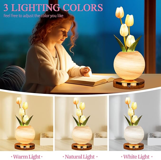 Tulip Table Lamp, Rechargeable Cordless Touch Dimming Artificial Tulip Flower Desk Lamp, LED Flower Bedside Night Light Romantic Gifts for Girl Women Mom (Pink)