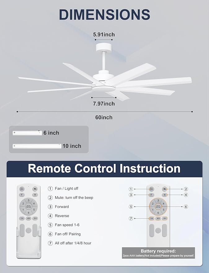 Ohniyou 60'' Ceiling Fan With No Light - Modern White 8 Blades Ceiling Fan Remote/APP Control, DC Motor Outdoor Fan for Covered Patio, Living Room, Shop, Garage