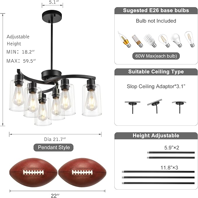 6 Light Modern Chandeliers for Dining Room,21.7" Black Hanging Light Fixture，Kitchen Pendant Lighting Over Island，Industrial Farmhouse Chandelier,Metal with Downward Clear Glass Shade