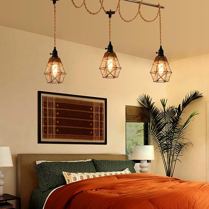 3-Light Hanging Light with Plug in Cord,Plug in Pendant Light 22ft Hemp Rope Pendant Lighting Vintage 3-Light Hanging Lamp Fixtures for Kitchen Island Living Room Bedroom