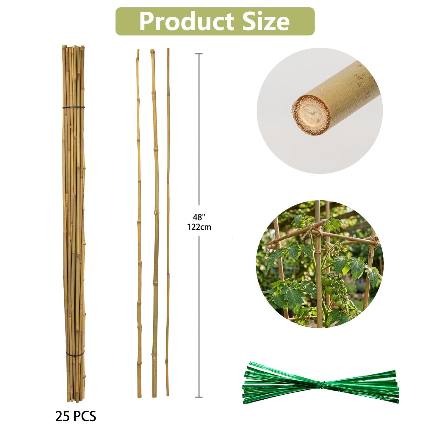 Plant Stakes Natural Bamboo Sticks - 25 Pcs Bamboo Garden Stakes for Plants 4 FT Plant Support Sticks with Twist Ties for Tomatoes Grapes Beans Flowers Indoor Outdoor Potted Climbing Plants