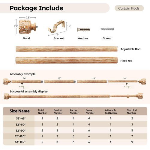 Boho Wood Curtain Rods for Windows 48 to 84 Inch, 1" Diameter Adjustable Heavy Duty Curtain Rod with Imitation Wooden Grain Leaf Pattern Finials, Rustic Decorative Drapery Rods, Size 32"-90"
