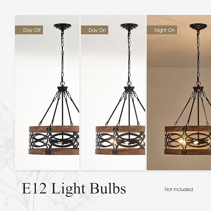 6-Light Farmhouse Drum Wood Pendant Light,19.7'' Vintage Rustic Brown Oak Wood Chandeliers,Retro Industrial Hanging Light Fixtures for Dining Room Entryway, Bedroom