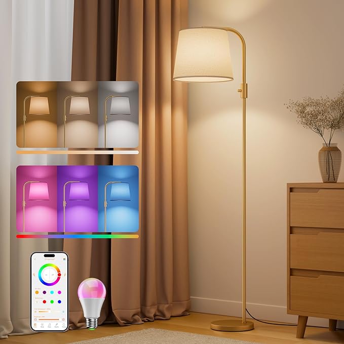 Arc Floor Lamp for Living Room with Smart RGBCW Color Changing Bulbs Dimmable, Stand lamp Compatible with Alexa, Siri, Google Voice & App Control, Tall Lamp for Living Room, Bedroom, Gold
