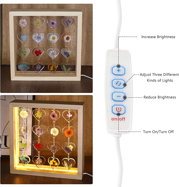 SMUK Resin Dried Flower LED Aesthetic Desk Lamp, Unique 3 Way Dimmable Natural Pressed Flower Table Lamp with Wooden Frame for Desk, Table, Nightstand, Bedroom, Living Room, Office