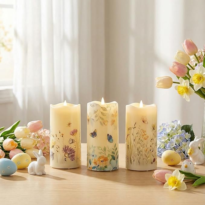 Eywamage Fiber Optic Flameless Pillar Candles with Remote Set of 3, Butterfly Floral Spring LED Candles Battery Operated Φ 3" H 6"