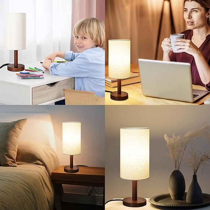 Small Table Lamp Nightstand Lamp Linen Lampshade Bedroom Wood Base Small Bedside Lamp for Night Stands, Desk Lamps for Reading Living Room, Office (LED Bulb Included) (Black-Walnut Wood（2）)