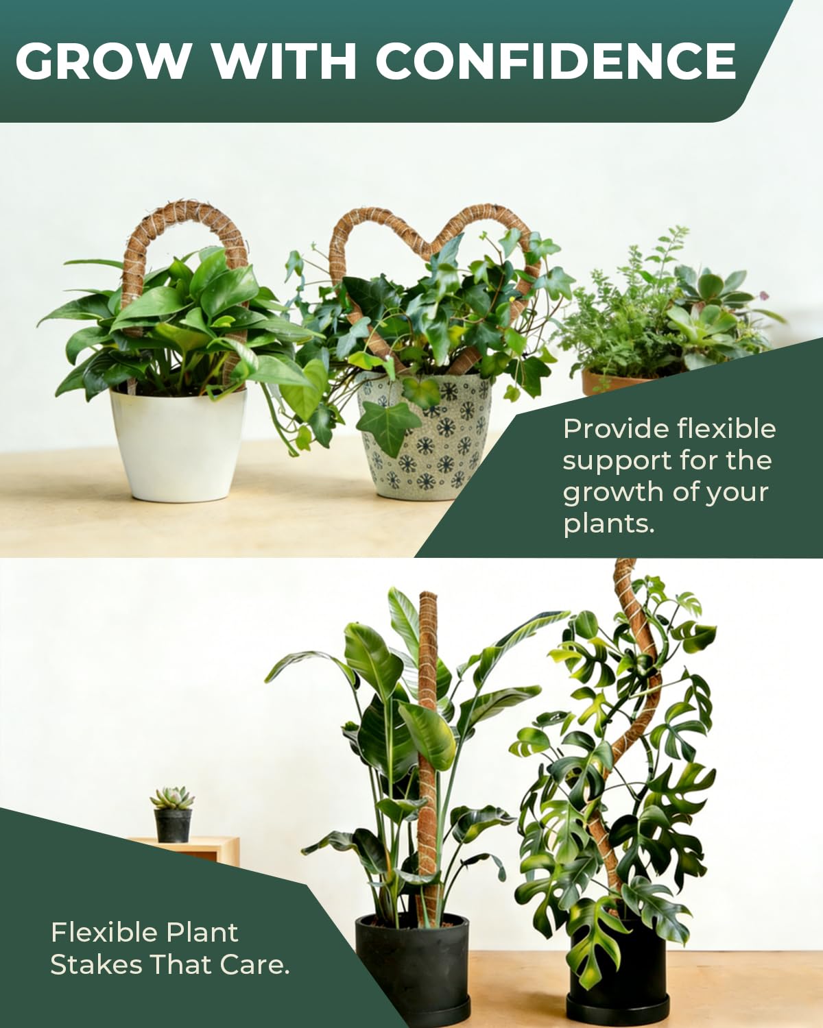 6 Pcs Moss Poles for Climbing Plants, 4 Pcs 39" & 2 Pcs 11" Tall Bendable Coco Coir Trellis Stakes - Indoor Plant Support for Monstera, Pothos- Handmade Moss Sticks for Potted Houseplants