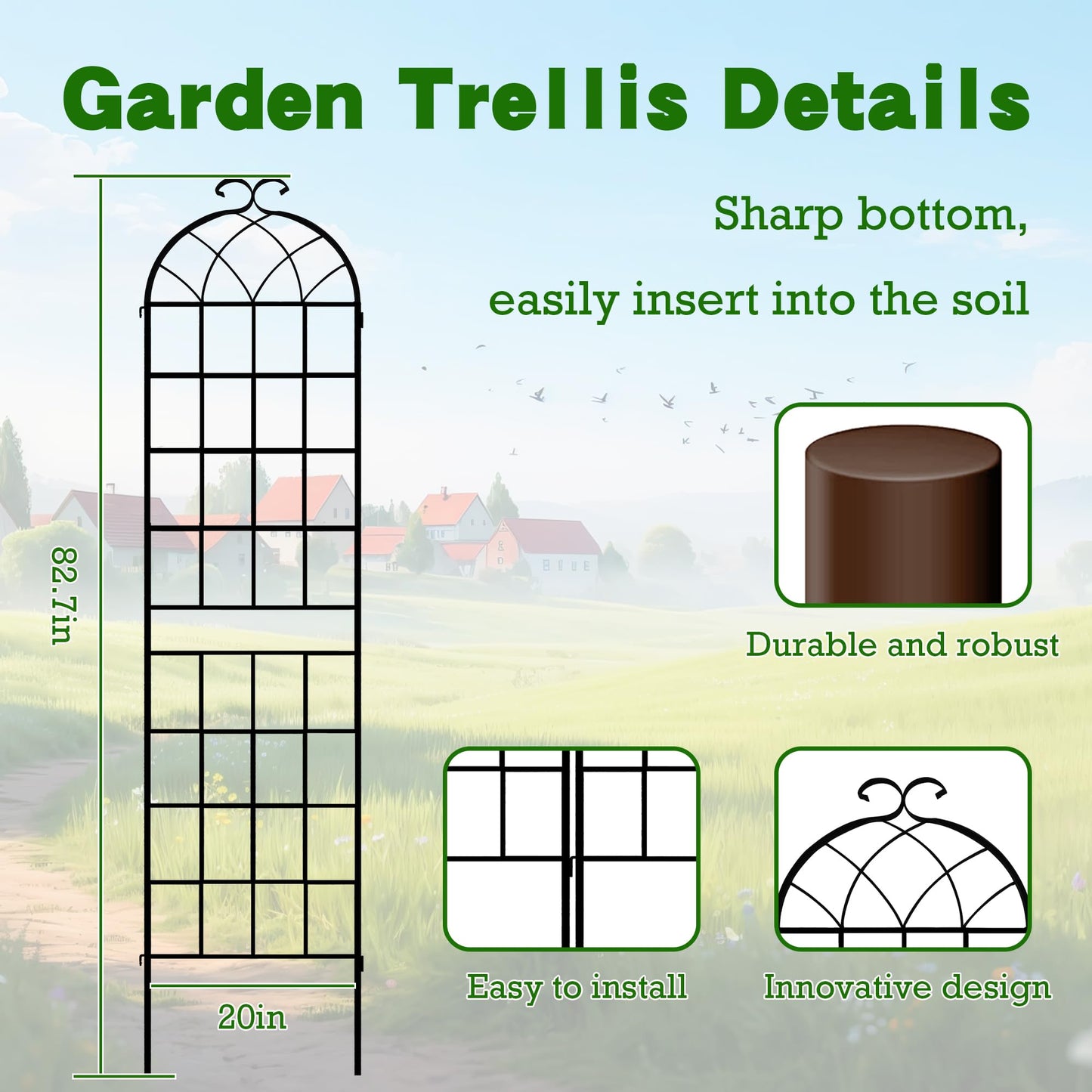 LZRS 4 Pack 83x20in Rustic Iron Arch Decoration Garden Trellis with Black Metal Coating – Perfect for Supporting Climbing Plants Outdoor, Roses, Vines, Flowers, and Vegetables.