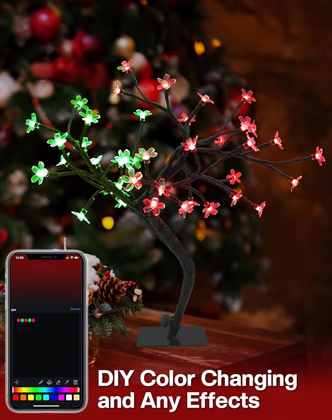 Smart LED Cherry Blossom Tree 2 Pack 16'' – App Remote Control Twinkling Bonsai Tree Music Sync & 16 Million Colors – Lighted Table Lamp for Indoor Decor, Decorative LED Spirit Tree Easter Decorations