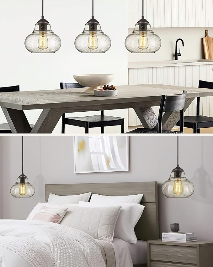 ELYONA 8 Inch Pendant Light Fixtures Seeded Bubble Glass Hanging Light Industrial Pendant Lighting for Kitchen Island Farmhouse Bar Bathroom Dining Room Oil Rubbed Bronze Finish