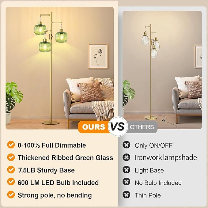 Floor Lamp for Living Room, Dimmable Standing Lamp with Green Glass Shade, Modern Gold Tall Lamps for Bedroom, 3×600LM LED Bulbs Included