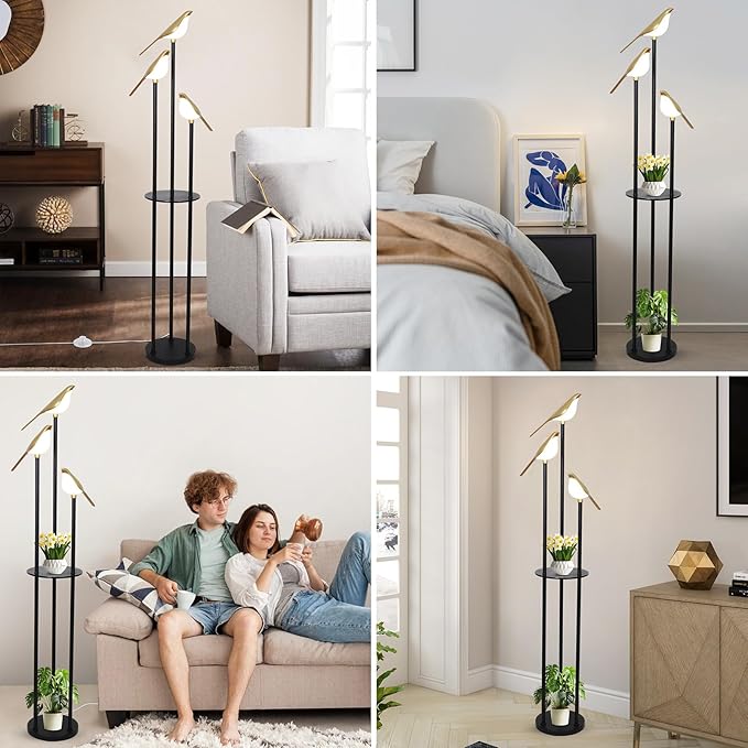 Black and Gold Floor Lamp, Bird Floor Lamp with Shelves, Modern floor Lamps for Living Room, 3-Light Corner Standing Lamp, LED Stand Up Lamp, Tall Lamp for Bedroom, Office, Cute Lighting Decor